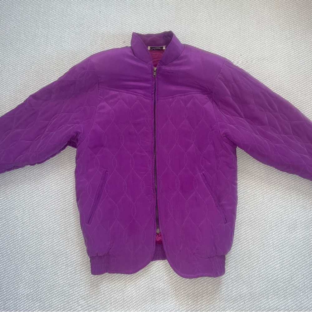 Vintage Royal Purple Silk Quilted Puffer Coat w Shoulder Pads Sz Sm